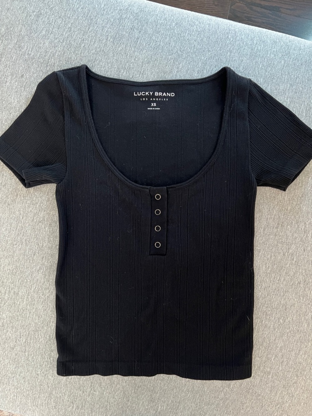 Lucky Brand Black Ribbed Henley Scoop Neck Top, XS